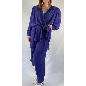 💜Vintage 80s Power Glam💜 Dressy Purple Jumpsuit, Long Peplum, Flowy 2x (16/18)
